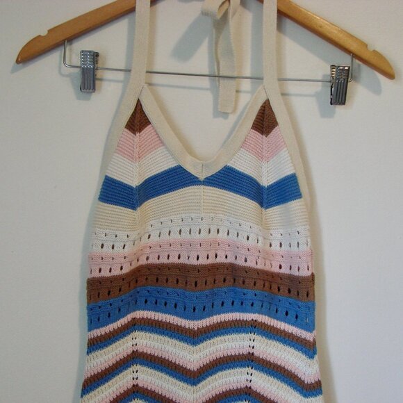 Crochet Knit Halter Summer Mini Dress Blue Pink Brown Beige Cotton Size Small - Picture 4 of 14